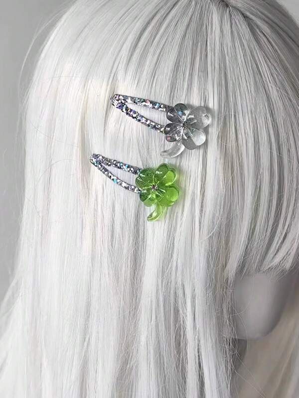 Pasador de pelo con trébol de cuatro hojas con diamantes de imitación y borde brillante, estilo dulce y lindo Y2K, pinzas para el cabello, ganchos para el cabello, pasadores para el cabello, deslizadores para el cabello, barretas para el cabello