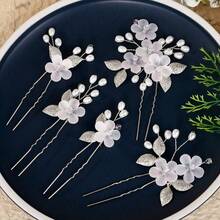 5件套白色亚克力花朵银色叶子U型发夹发饰，新娘、婚礼派对、伴娘、礼服装饰，情人节配饰