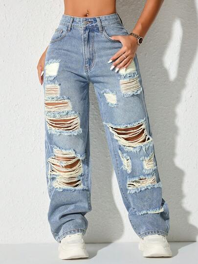 Rave Y2K Vintage High Waist Straight Leg Ripped Jeans With Side Pockets