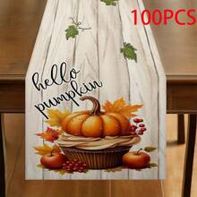 1pc Autumn Gratitude Sister Theme Table Runner - Pumpkin With Green Leaves And Black Grid Design, Suitable For Holiday Parties, Kitchen Dining, Home Decoration, Durable Polyester Material Holiday Table Decoration, Holiday Table Decoration, Autumn Harvest Theme Decoration, Bow Decoration, Autumn And Thanksgiving Decoration.