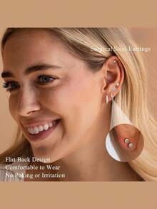 Milacolato Hypoallergenic Gold Stud Hoop Earrings For Women Men Surgical Stainless Steel Flat Back Earrings Small 14K Gold Huggie Hoops Cartilage Earring Set For Multiple Piercing Jewelry Gifts For Women - 彩色 - 查看 2