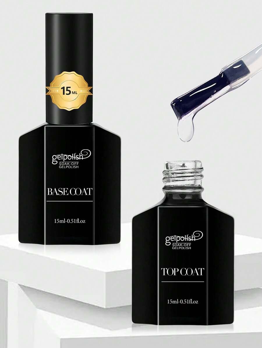 2Pcs 15ml Base Coat And Top Coat Set - Shine Finish And Long Lasting, Soak Off LED Nail Lamp Gel Base No Wipe Top Coat Finish Nail Art Design Manicure Gifts For Women - Clear - View 1