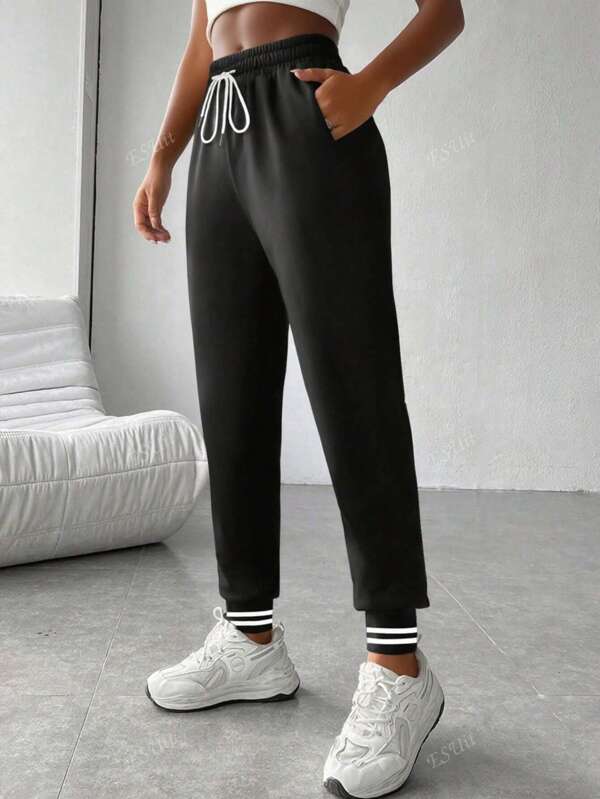 1 pieza Pantalones casuales de punto de unicolor con cordón en la cintura para mujer
