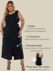 Plus Size Linen Slit Midi Dress Elegant Casual Elegant Linen Hollow Out/Cut Out Holiday Wedding Office Travel - màu đen - Xem 6
