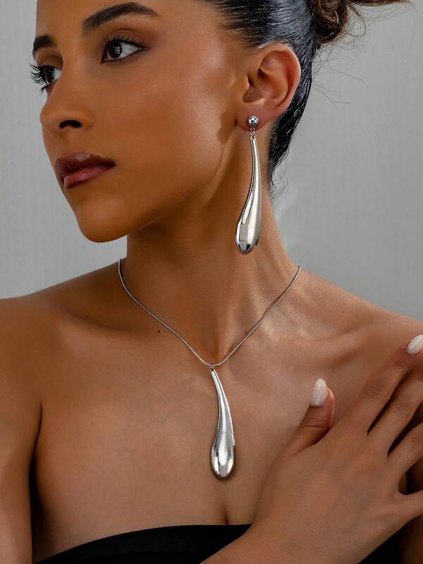 1pc/1 Pair 2025 New European & American Cross-Border Geometric Water Drop Pendant Necklace And 1 Pair Water Drop Pendant Earrings, European & American Retro Exaggerated Women Daily/Holiday Necklace & Earring Set