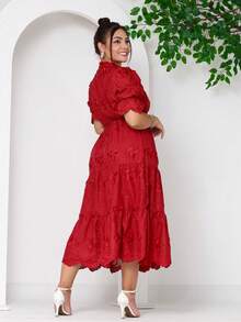 Women's Midi Dress With Embroidered Laise, All-Over Print, Embroidery, Button, Ruffle, Gathered, Formal And Evening - Wine 3d - View 3