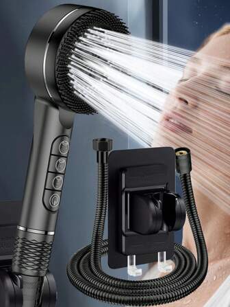 (3-delars set) Trycksatt ABS-duschmunstycke med 4 inställningar för hemmabruk, 1,5 m slang i rostfritt stål och hållare för duschmunstycke i ABS utan borrning med krok, kan hängas upp duschsvamp Badrum Badrumstillbehör Badrumsverktyg