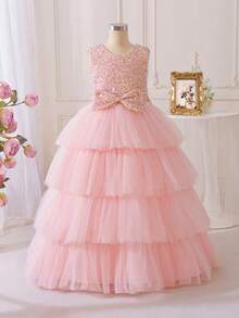 Girls Sequin Princess Dress Layered Tulle Ball Gown With Big Bow Back Formal Flower Girl Dress For Birthday Party Wedding Pageant Evening Occasion - 珊瑚粉 - 查看 3
