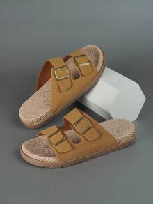 DISARCON 新款夏季男士凉鞋，高端/时尚/百搭/商务/大码男鞋，金属双扣设计，可调节经典复古拖鞋，适合户外休闲度假，防滑/透气/耐用/沙滩拖鞋，室内外浴室家居拖鞋，四季皆宜 - 棕色 - 查看 6