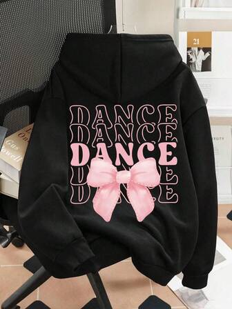 Teen Girl Sweatshirts Hoodie Cartoon Bow And Slogan Print Oversized Pullover Sweaters Top Y2K Girl's Preppy Clothes