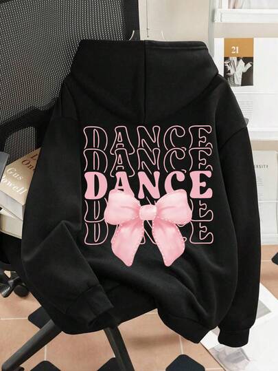 Teen Girl Sweatshirts Hoodie Cartoon Bow And Slogan Print Oversized Pullover Sweaters Top Y2K Girl's Preppy Clothes