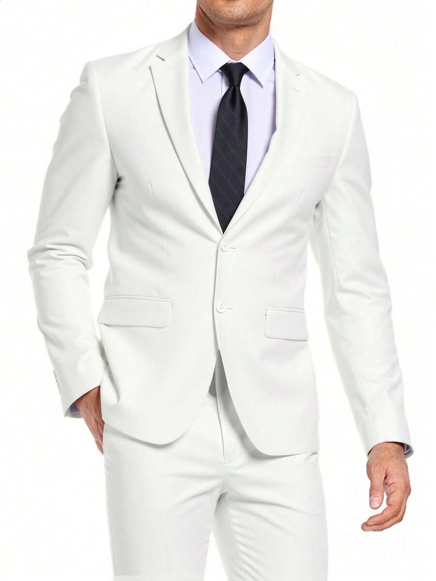 Furuyal 男士两件套西装外套，纯色西装外套领带套装，长袖，双排扣修身款/单排扣款，适合旅行、婚礼、派对、商务、舞会等场合，象牙白，尺码 XS-3XL - 白色 - 查看 1