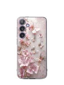 غطاء هاتف ناعم شفاف مزين بزهرة وفراشة وثيق التوافق مع هواتف سامسونج جالاكسي A04e/12/A13/A14/A34/A50/A52/A53/A54/S21/S22/S23/S24/S25/S25Ultra
