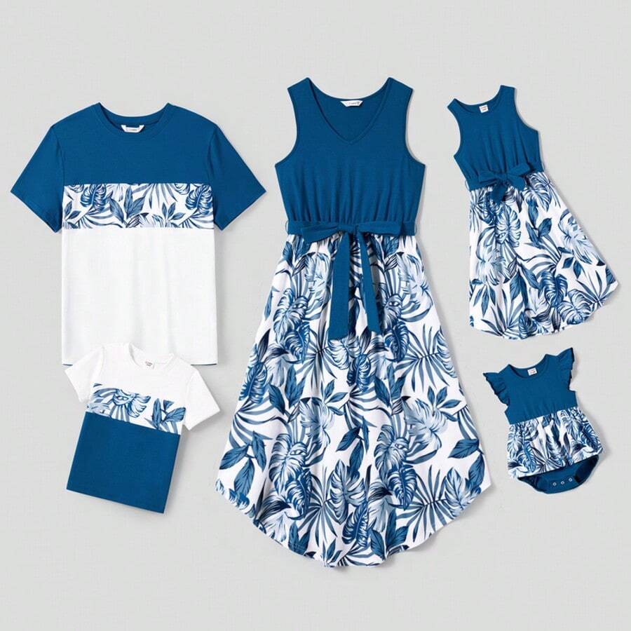 PatPat Family Matching Plant Print Splice Belted Tank Dresses And Color Block Short-Sleeve T-Shirts Sets - 藍色 - 查看 1