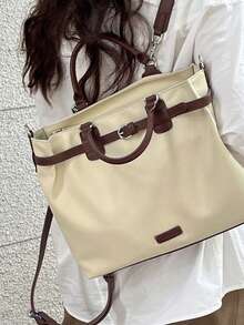 返校背包，小众设计休闲大容量托特包，手提和肩带，学生通勤日常包，女士 - 杏色 - 查看 2