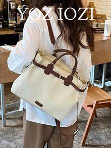 返校背包，小众设计休闲大容量托特包，手提和肩带，学生通勤日常包，女士 - 杏色 - 查看 1