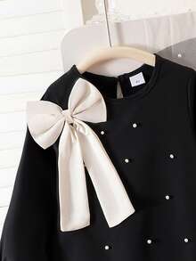 Young Girl' Elegant Bow Embroidered Rhinestone Decor Dress, Spring & Autumn - Black - View 3