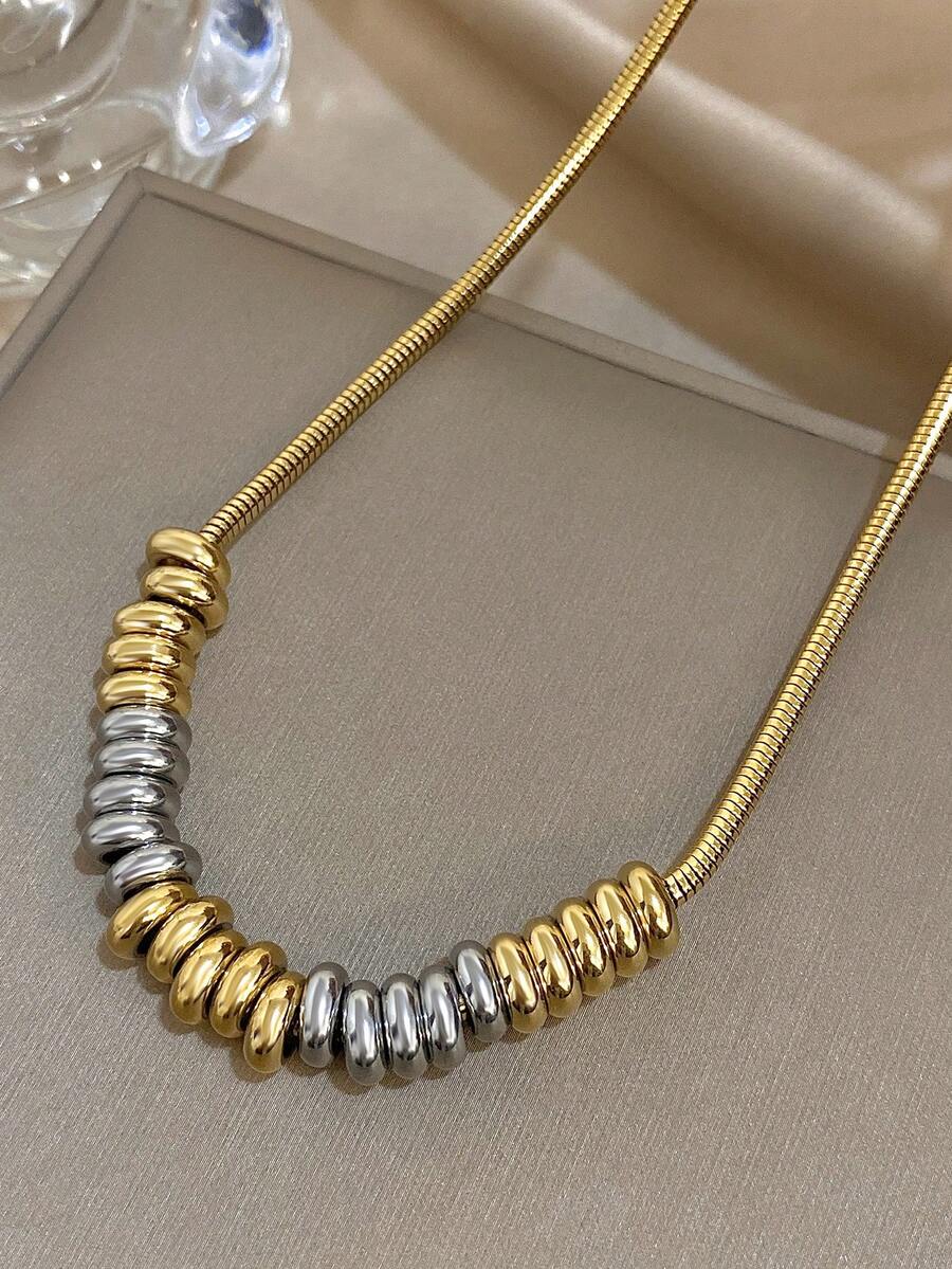 1Pc Minimalist Snake Chain Bead Charm Adjustable Necklace For Women & Girls - 18K Gold Plated Stainless Steel Chain, Mother Day Gift, Teacher Gifts, Graduation Gift, Bohemia Beach Bracelet For Summer Travel & Festivals, For Daily Party, Rave/Prom Accessories Gold Yellow Jewellery - Multicolor - View 1