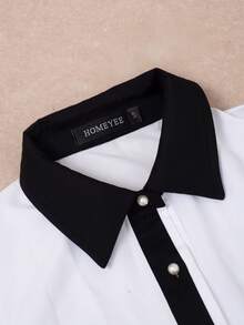 HOMEYEE 女士时尚拼接前扣撞色口袋商务衬衫 春季 - 黑+白 - 查看 2
