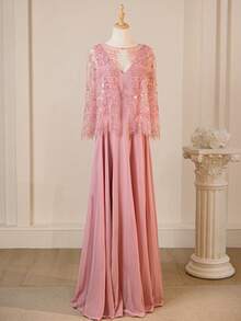 Glamorous Heavily Embroidered Floral V-Neck Sleeveless Dress With Shawl - Pink - View 6