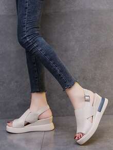 Sandalias de cuña de suela gruesa para mujer, color liso, sencillas y elegantes. - Blanco - Ver 5