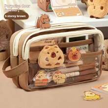 Capibara-Themed Pen Bag. It Has A Large Capacity And Is Transparent With A Handle. In The Maillard Color Scheme, It's A Multifunctional Stationery Box Suitable For Primary And Junior High School Students.,For School Supplies,Back To School
