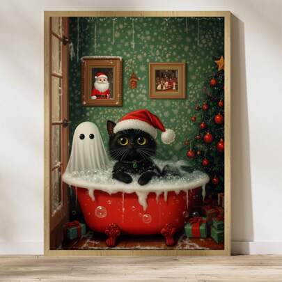 1 stuk Kerstposter met spook en kat in bubbelbad, enge schattige spookachtige kerstbadkunst, print van zwarte kat, speelse vakantiedecoratie, Halloween-huisdecoratie, kattenposter, wandkunst, posters, wandkunst met lijst voor woonkamer, slaapkamer, kantoor, enz. - Perfect voor feestdagen, wandkunst, posters, verjaardagscadeaus, afstudeercadeaus - Canvas (optionele lijst)