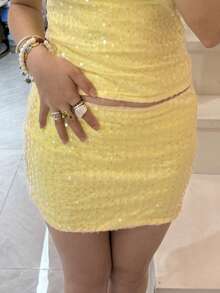 Sequin Mini Skirt For Women Summer Fashionable Versatile Solid Color Low Waist Bodycon Skirt - 黃色 - 查看 1