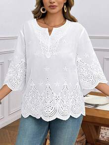 Blus Lengan 3/4 Leher V Berenda Modis, Koleksi Terbaru Musim Semi/Panas Warna Putih - Putih - View 5