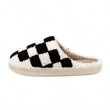 Women Fashion Winter Slippers Indoor Checker Fuzzy Embroidery Warm Comfortable Couple Home Shoes - 黑色 - 查看 4