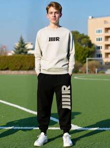 2pcs/Set Older Boys' Casual Sweatshirt And Pants Sports Suit, Minimalist Style, Spring/Autumn