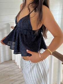 Women V Neck Camisole Hollowed Flower Spaghetti Strap Backless Ruffle Tops Summer Streetwear - 藏蓝色 - 查看 5