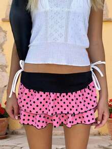 Layered Ruffle Mini Skirt For Women Summer Dots/Stripe/Heart Print/Solid Color High Waist Short Skirts - 西瓜粉 - 查看 2