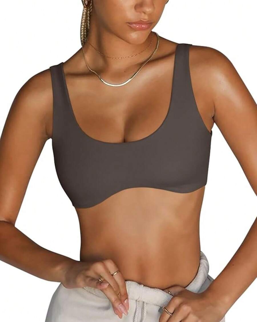 LASLULU Sexy Sports Bras For Women Scoop Neck Sleeveless Padded Bra Workout Yoga Crop Top - 深灰色 - 查看 1