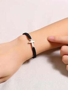 1 pieza Pulsera ajustable trenzada hecha a mano con colgante de cruz de plata con cuentas negras, adecuada para uso diario - Negro - Ver 5