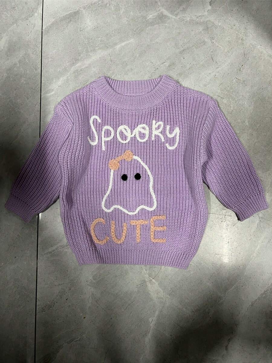 Toddler Baby Girl Halloween Sweater Letter Ghost Embroidered Long Sleeve Crewneck Knit Tops Cute Fall Clothes - Morado - Ver 1