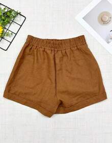 Women's Short Linen Shorts With Elastic Waistband - 卡其色 - 查看 3