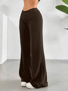 Solid High Rise Flared Straight Leg Pants