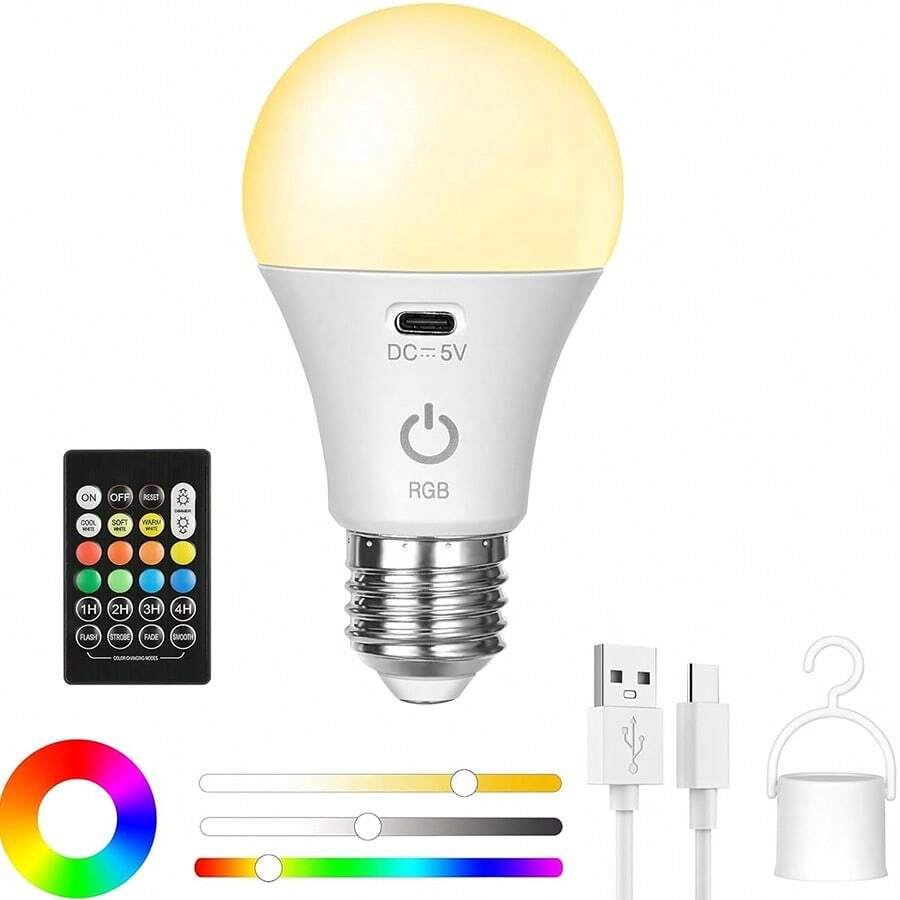1 个 USB 可充电 E27 灯泡，无线 RGB 光源灯泡，LED 变色灯泡带遥控器，适用于户外运动、露营、钓鱼、应急、酒店、帐篷