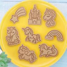 Set de 6 piezas de cortadores de galletas y sellos con formas de copo de nieve, hoja, unicornio, arcoíris, castillo y estrella, molde para decorar galletas y pasteles, adecuado para el hogar, tienda de postres, panadería, decoraciones navideñas, pijamas navideños, regalos navideños, decoración navideña