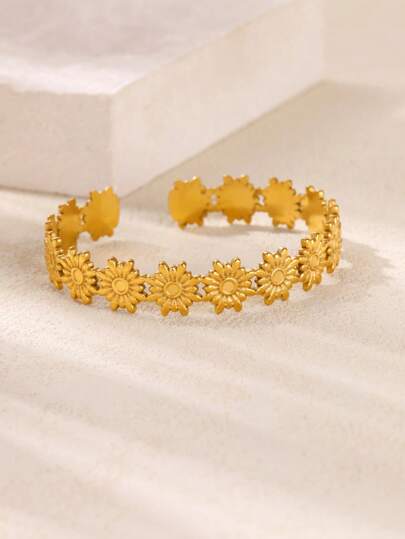 1 pieza Brazalete de flor de acero inoxidable para mujer, color dorado, brazalete de puño de moda, nueva joyería estética de regalo 2025