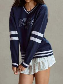 Women's New York Letter Pattern Sweatshirt V Neck Long Sleeve Pullover, Cable Knit Striped Casual Tennis Loose Top, Spring Autumn Winter - Multicolor - View 1