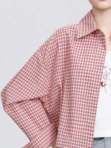 Red Plaid Shacket For Women, Loose Fit, Turndown Collar, Long Sleeve, Spring/Autumn New Arrival