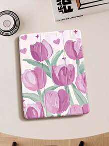 Light Purple Oil Painting Tulip Print IPad Case Compatible With IPad (A16) 11th Generation 11 Inch 2025, Apple IPad Air 11(2025), For IPad 10th Generation Case 10.9 Inch 2022 With Pencil Holder, Trifold Stand Protective Cover, Auto Wake/Sleep, Cute Gift For Back-To-School, Valentine's Day, Holidays