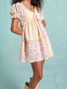 Women's Floral Print Maternity Dress Bow Tie Front Ruffled Trim V Neck Short Sleeve A-Line Mini Dress For Spring/Summer - 紫色 - 查看 3