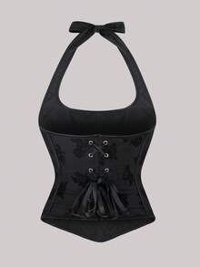 大码花卉蕾丝系带胸衣，修身性感吊带背心，适合女性穿着，可作为节日场合（如慕尼黑啤酒节、万圣节、圣诞节、新年）的塑身衣 - 黑色 - 查看 3