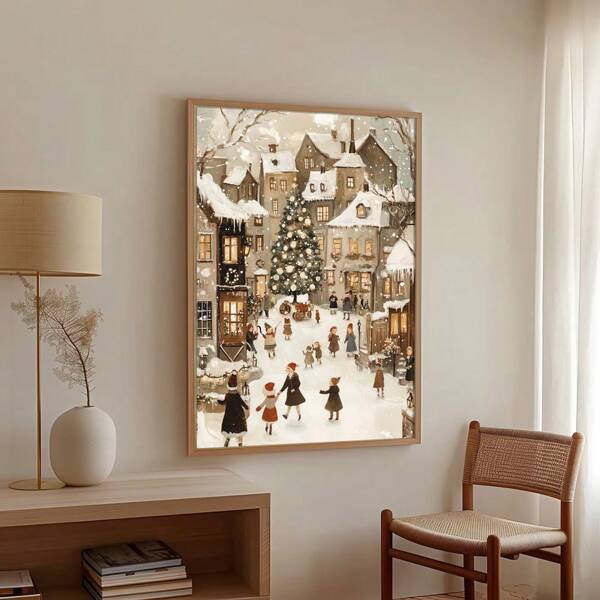 1 pieza Impresión de lienzo de pintura vintage sin marco de paisaje de pueblo invernal, decoración navideña rústica para apartamento, sala de estar, dormitorio, decoración del hogar moderna, decoración navideña, decoración del árbol de Navidad, regalo, decoración de Acción de Gracias, boda, decoración de otoño, decoración de cumpleaños, suministros para fiestas, decoración de festivales interiores, decoración de Halloween, decoración de pared, adornos de Halloween
