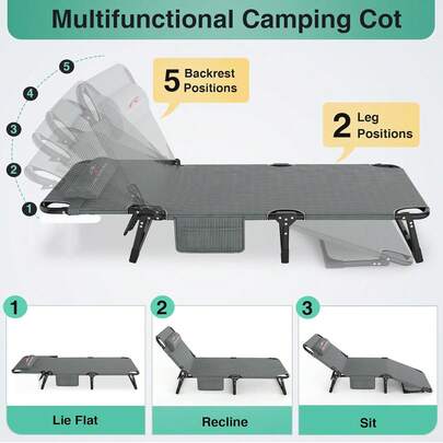 Cama plegable para exteriores, portátil y extra resistente (180 kg): con colchón antihundimiento y cuatro niveles de ajuste. Regalo ideal para viajeros y personas mayores (incluye antifaz y tapones para los oídos).
