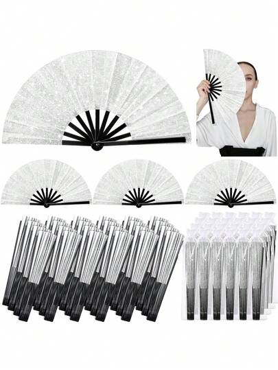 1pc Glitter Large Folding Hand Fan, Retro Party Chinese Folding Fan, Chinese Tai Chi Kung Fu Decor Fan, Suitable For Festivals, EDM Festivals, Clubs, Dancing, Churches And Gifts