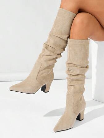 Fall/Winter 2025 Women's Fashionable Hot Selling Pointed Toe Pleated High Heel Suede & Leather Knee-High Slip On Boots, Black